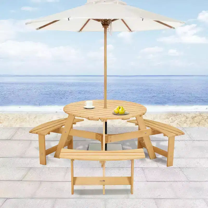 Whisen Outdoor 8 Person Round Picnic Table, Outside Table and Bench Set, Patio Dining Sets with 4 Built-in Benches, Umbrella Hole