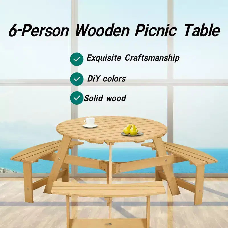 Whisen Outdoor 8 Person Round Picnic Table, Outside Table and Bench Set, Patio Dining Sets with 4 Built-in Benches, Umbrella Hole