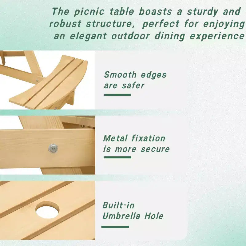 Whisen Outdoor 8 Person Round Picnic Table, Outside Table and Bench Set, Patio Dining Sets with 4 Built-in Benches, Umbrella Hole
