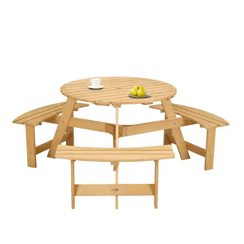 Whisen Outdoor 8 Person Round Picnic Table, Outside Table and Bench Set, Patio Dining Sets with 4 Built-in Benches, Umbrella Hole