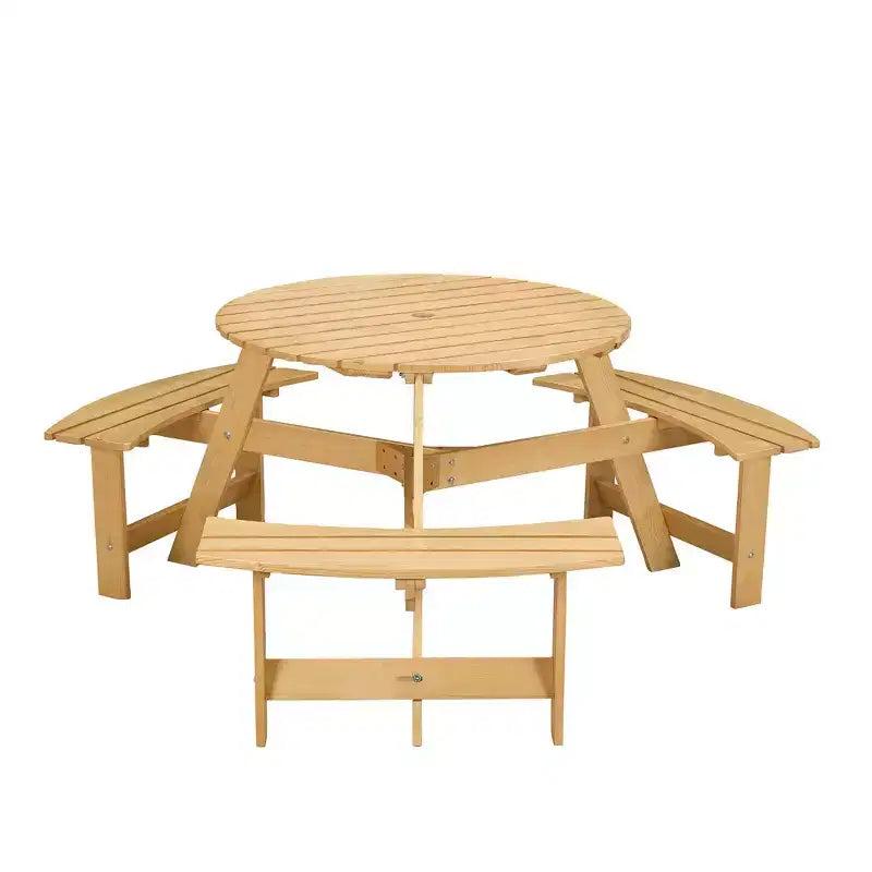 Whisen Outdoor 8 Person Round Picnic Table, Outside Table and Bench Set, Patio Dining Sets with 4 Built-in Benches, Umbrella Hole