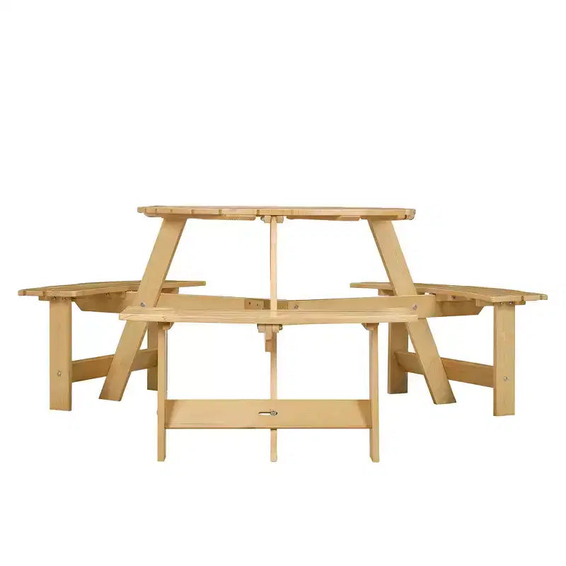 Whisen Outdoor 8 Person Round Picnic Table, Outside Table and Bench Set, Patio Dining Sets with 4 Built-in Benches, Umbrella Hole