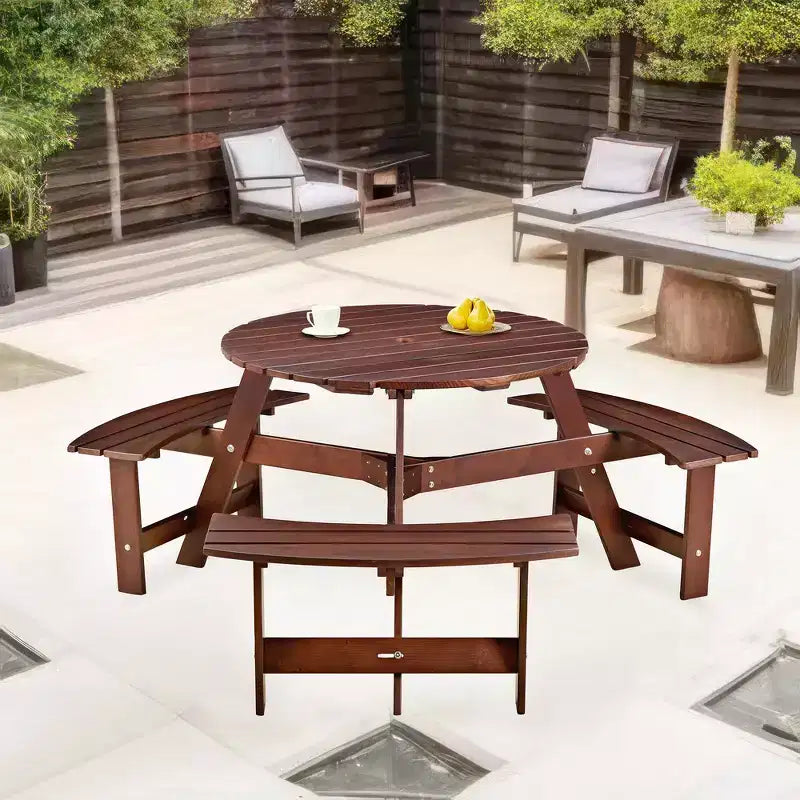 Whisen Outdoor 8 Person Round Picnic Table, Outside Table and Bench Set, Patio Dining Sets with 4 Built-in Benches, Umbrella Hole