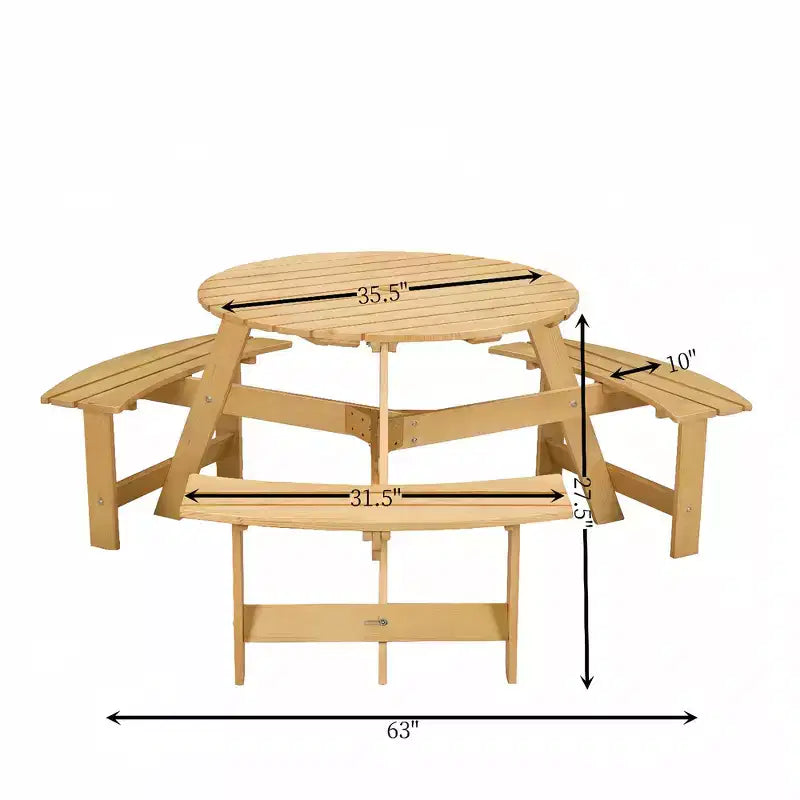 Whisen Outdoor 8 Person Round Picnic Table, Outside Table and Bench Set, Patio Dining Sets with 4 Built-in Benches, Umbrella Hole