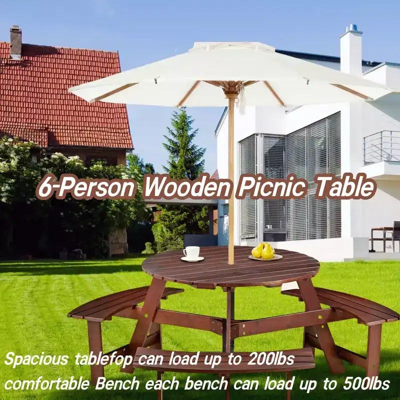 Whisen Outdoor 8 Person Round Picnic Table, Outside Table and Bench Set, Patio Dining Sets with 4 Built-in Benches, Umbrella Hole