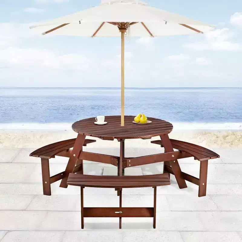 Whisen Outdoor 8 Person Round Picnic Table, Outside Table and Bench Set, Patio Dining Sets with 4 Built-in Benches, Umbrella Hole