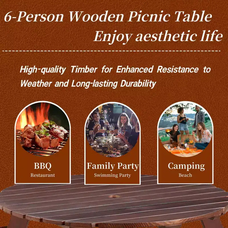 Whisen Outdoor 8 Person Round Picnic Table, Outside Table and Bench Set, Patio Dining Sets with 4 Built-in Benches, Umbrella Hole