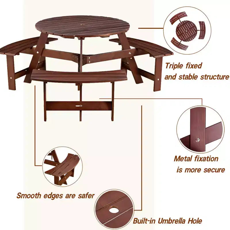 Whisen Outdoor 8 Person Round Picnic Table, Outside Table and Bench Set, Patio Dining Sets with 4 Built-in Benches, Umbrella Hole