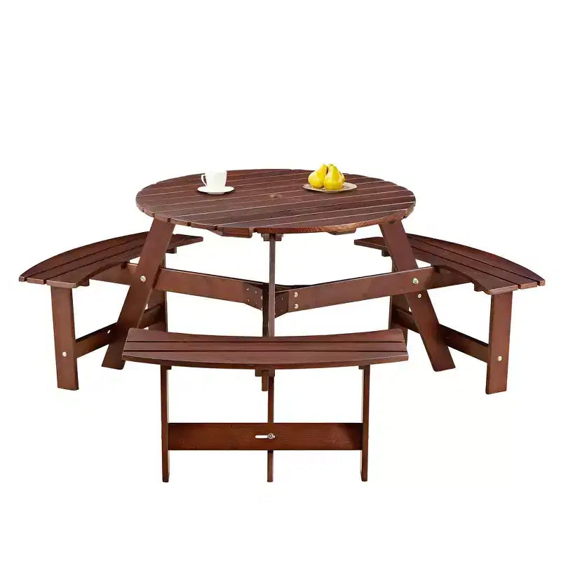 Whisen Outdoor 8 Person Round Picnic Table, Outside Table and Bench Set, Patio Dining Sets with 4 Built-in Benches, Umbrella Hole
