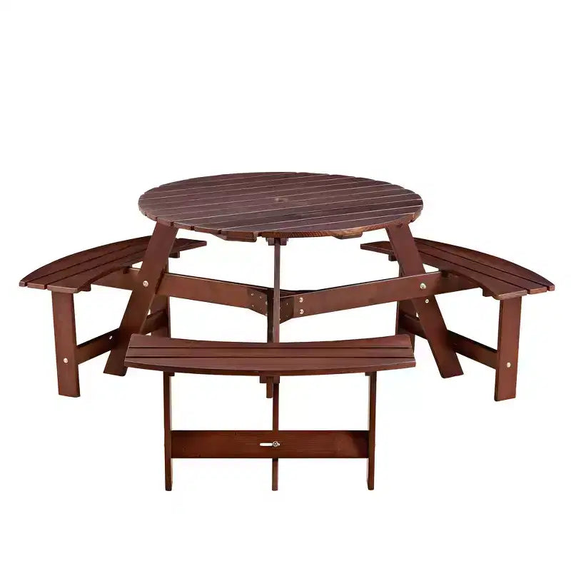 Whisen Outdoor 8 Person Round Picnic Table, Outside Table and Bench Set, Patio Dining Sets with 4 Built-in Benches, Umbrella Hole