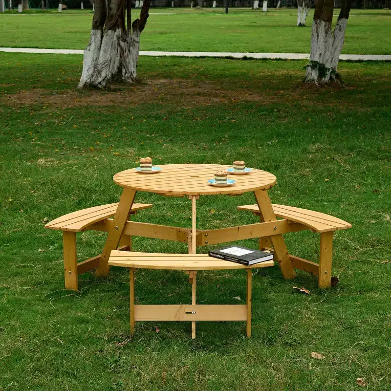 Whisen Outdoor 8 Person Round Picnic Table, Outside Table and Bench Set, Patio Dining Sets with 4 Built-in Benches, Umbrella Hole