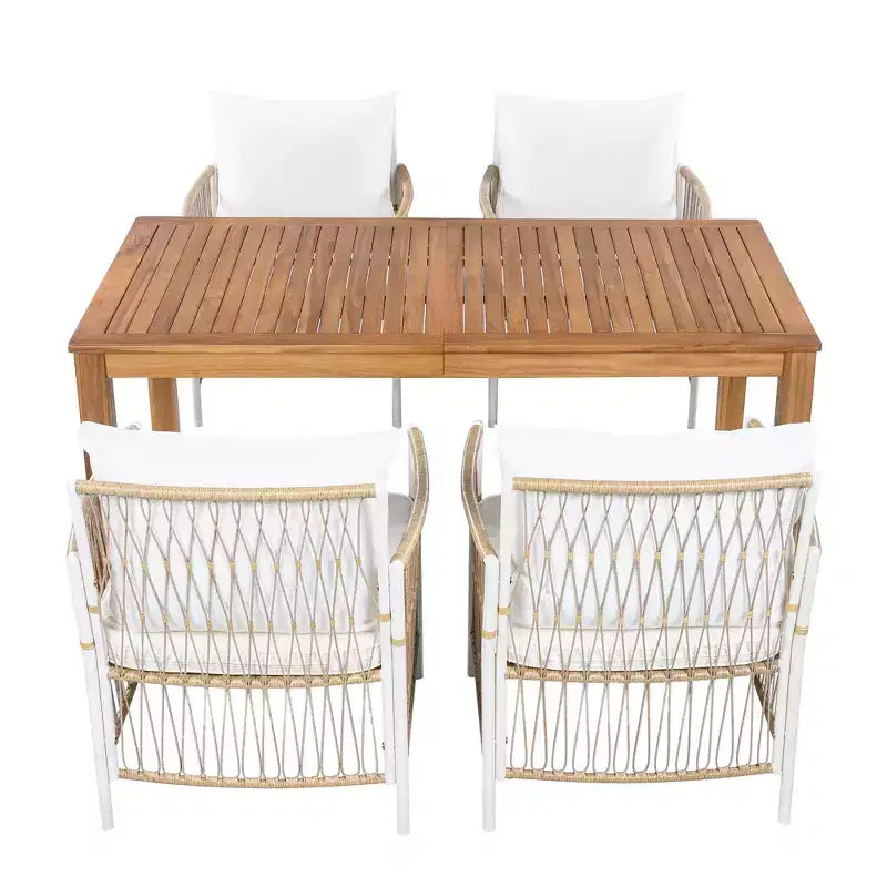 GDFStudio Nicolas Patio 5 Piece Wood and Metal Dining Set with 4 Hand-Woven Rattan Arm Chairs