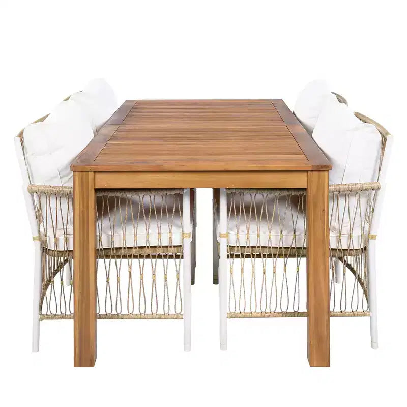 GDFStudio Nicolas Patio 5 Piece Wood and Metal Dining Set with 4 Hand-Woven Rattan Arm Chairs