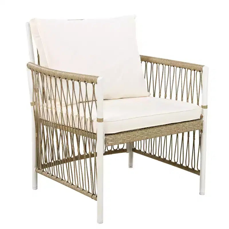 GDFStudio Nicolas Patio 5 Piece Wood and Metal Dining Set with 4 Hand-Woven Rattan Arm Chairs