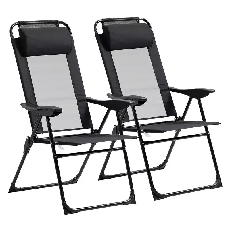 Set di 2 sedie pieghevoli da giardino, sedia da esterno con schienale regolabile in tessuto, sedia da campeggio con poggiatesta rimovibile per giardino, cortile, nero