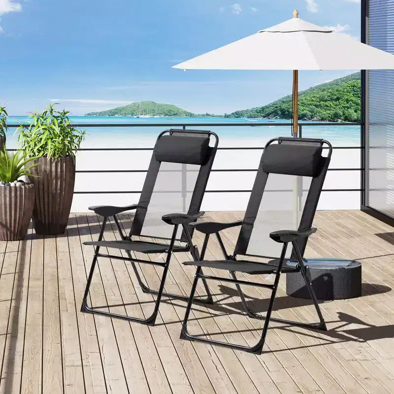 Set di 2 sedie pieghevoli da giardino, sedia da esterno con schienale regolabile in tessuto, sedia da campeggio con poggiatesta rimovibile per giardino, cortile, nero