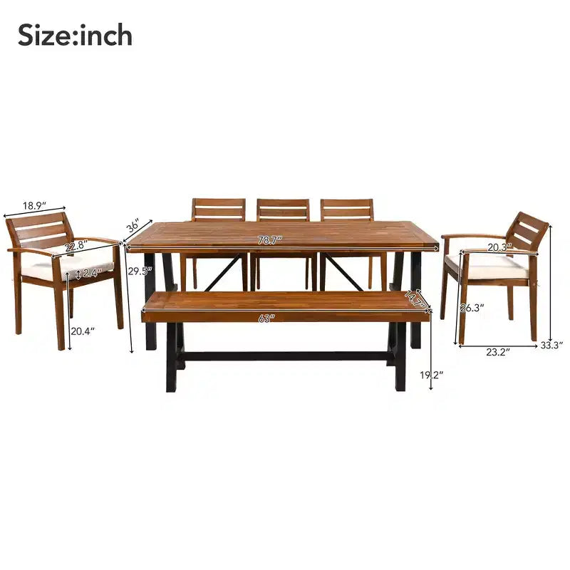Set da pranzo rustico per esterni Whisen da 7 pezzi - 8 posti a sedere, set di mobili da giardino con cuscini rimovibili, sedie e panca, resistente alle intemperie - Naturale