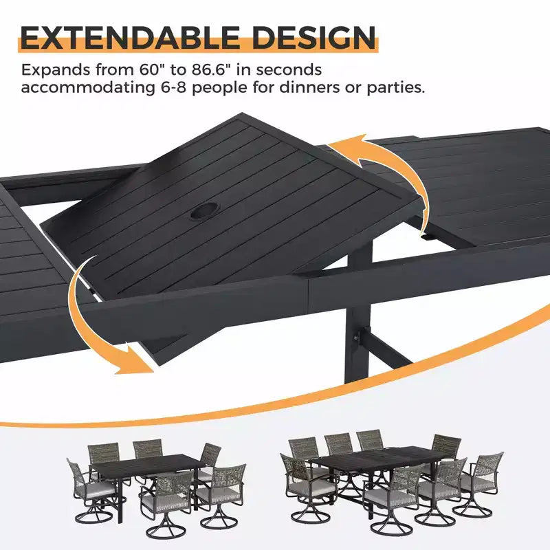 HAPPATIO Tavolo da pranzo espandibile per esterni, tavolo da pranzo da patio in alluminio per 4-8 persone, tavolo rettangolare verniciato a polvere con foro per ombrellone