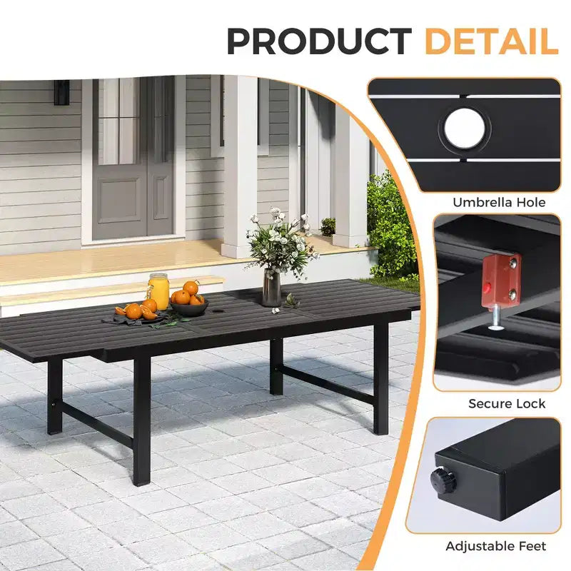 HAPPATIO Tavolo da pranzo espandibile per esterni, tavolo da pranzo da patio in alluminio per 4-8 persone, tavolo rettangolare verniciato a polvere con foro per ombrellone