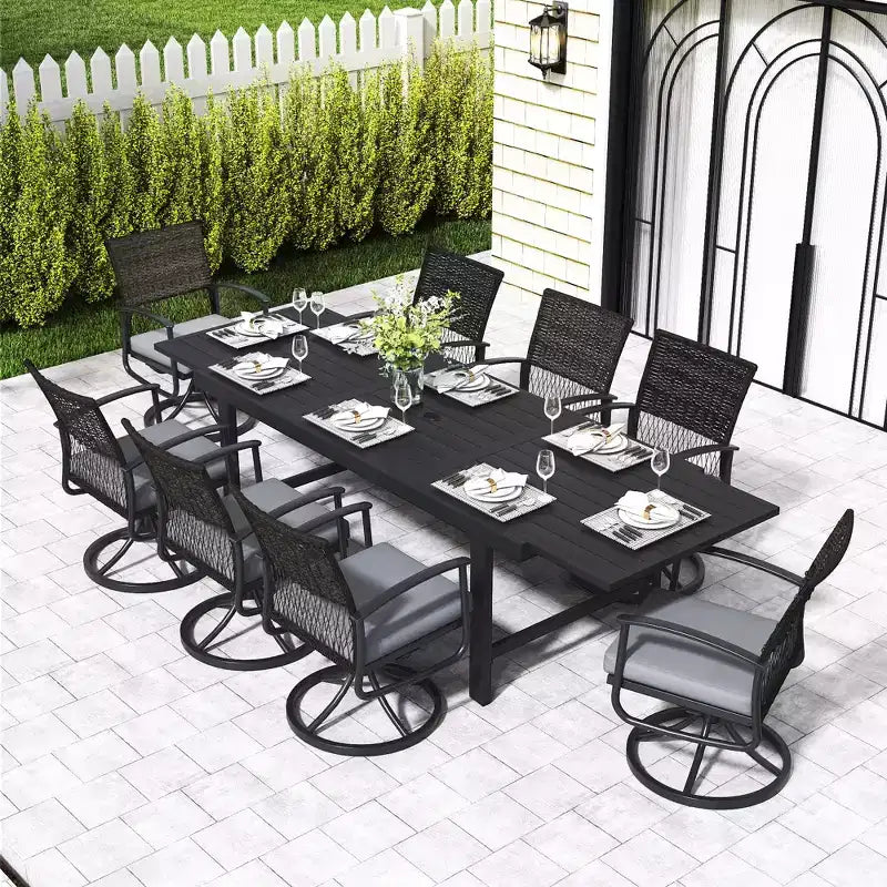 HAPPATIO Tavolo da pranzo espandibile per esterni, tavolo da pranzo da patio in alluminio per 4-8 persone, tavolo rettangolare verniciato a polvere con foro per ombrellone