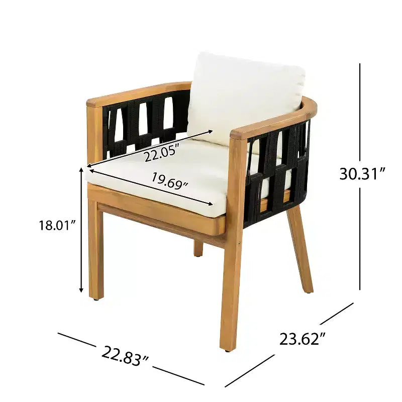 ModernLuxe Set da pranzo da patio in legno di acacia, tavolo da pranzo da esterno e 4 poltrone in corda intrecciata con cuscini crema, Teak+Nero