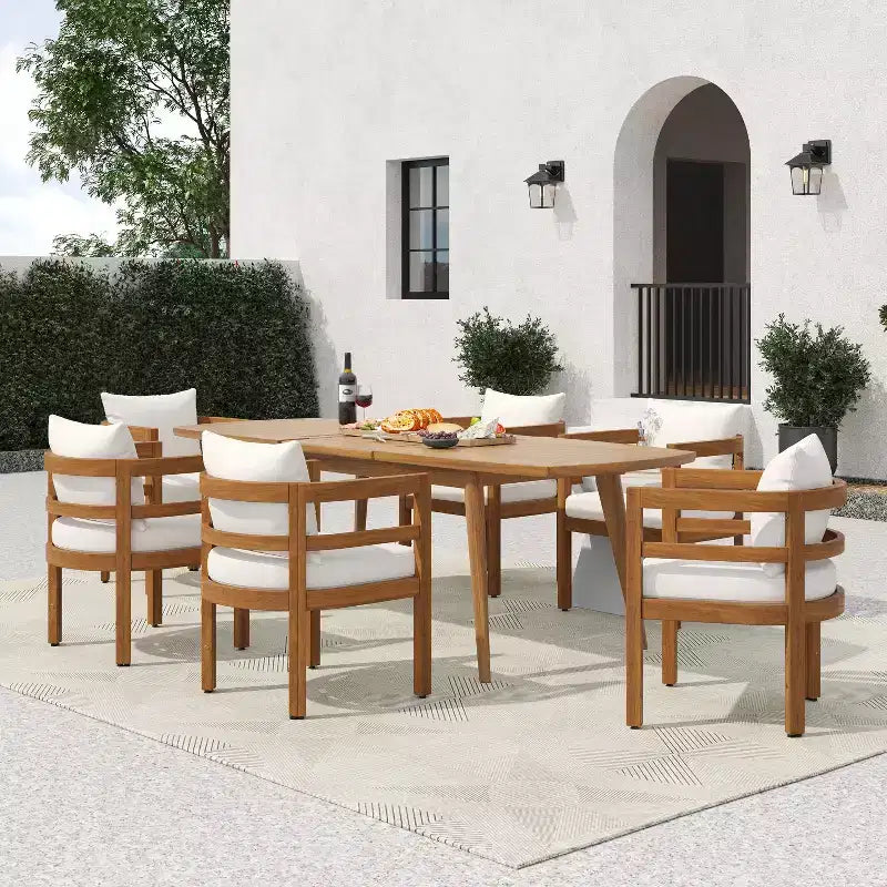Christopher Knight Home Bennett Patio set da 7 pezzi rustico in legno di acacia, tavolo da pranzo allungabile e sedie con cuscini