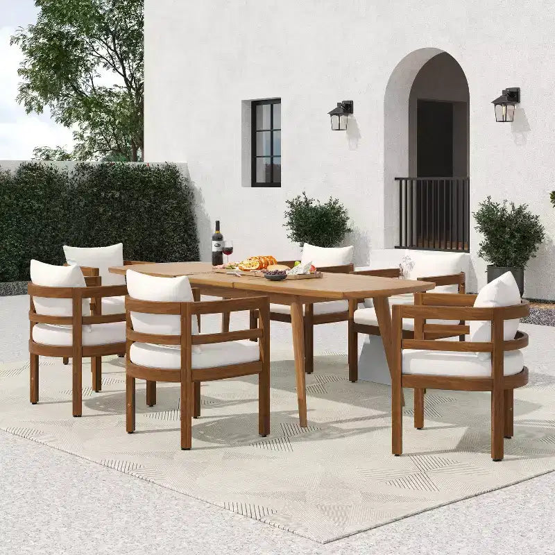 Christopher Knight Home Bennett Patio set da 7 pezzi rustico in legno di acacia, tavolo da pranzo allungabile e sedie con cuscini