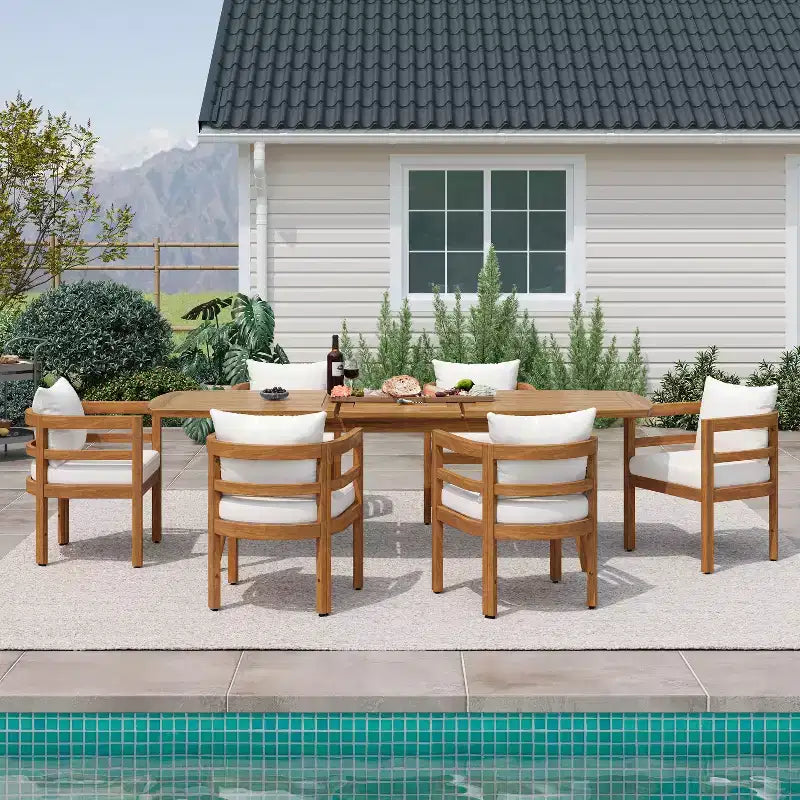 Christopher Knight Home Bennett Patio set da 7 pezzi rustico in legno di acacia, tavolo da pranzo allungabile e sedie con cuscini