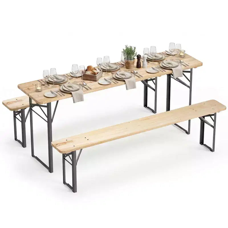 Costway Tavolo da Picnic Pieghevole a 3 Pezzi con Panche per 6 Persone, Legno di Abete e Telaio in Metallo per Patio