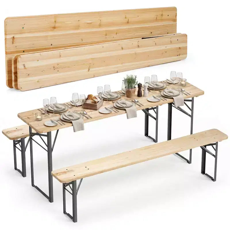 Costway Tavolo da Picnic Pieghevole a 3 Pezzi con Panche per 6 Persone, Legno di Abete e Telaio in Metallo per Patio