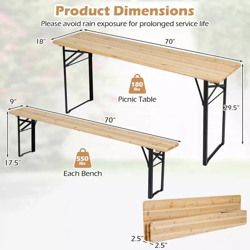 Costway Tavolo da Picnic Pieghevole a 3 Pezzi con Panche per 6 Persone, Legno di Abete e Telaio in Metallo per Patio