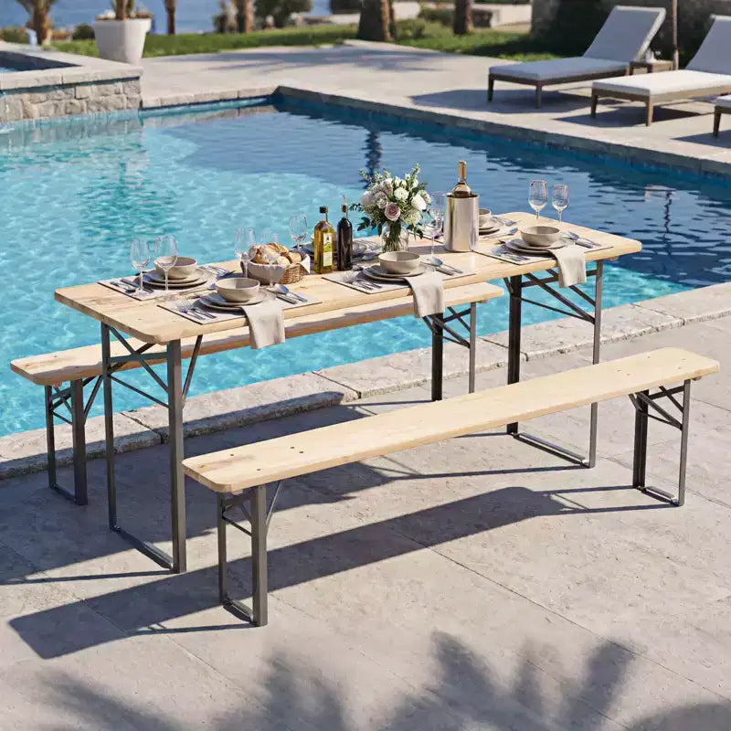 Costway Tavolo da Picnic Pieghevole a 3 Pezzi con Panche per 6 Persone, Legno di Abete e Telaio in Metallo per Patio