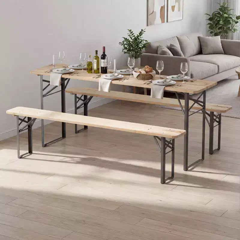 Costway Tavolo da Picnic Pieghevole a 3 Pezzi con Panche per 6 Persone, Legno di Abete e Telaio in Metallo per Patio