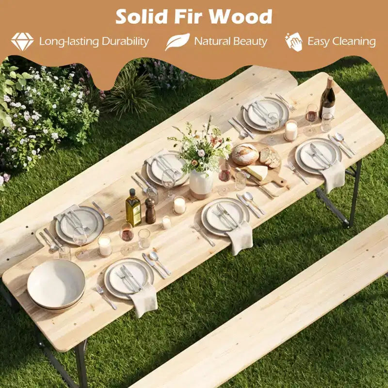 Costway Tavolo da Picnic Pieghevole a 3 Pezzi con Panche per 6 Persone, Legno di Abete e Telaio in Metallo per Patio