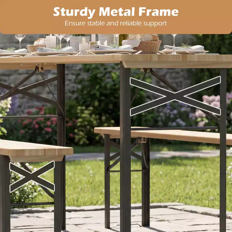 Costway Tavolo da Picnic Pieghevole a 3 Pezzi con Panche per 6 Persone, Legno di Abete e Telaio in Metallo per Patio