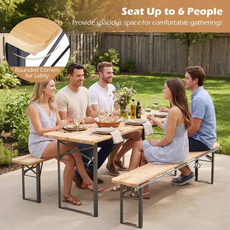 Costway Tavolo da Picnic Pieghevole a 3 Pezzi con Panche per 6 Persone, Legno di Abete e Telaio in Metallo per Patio
