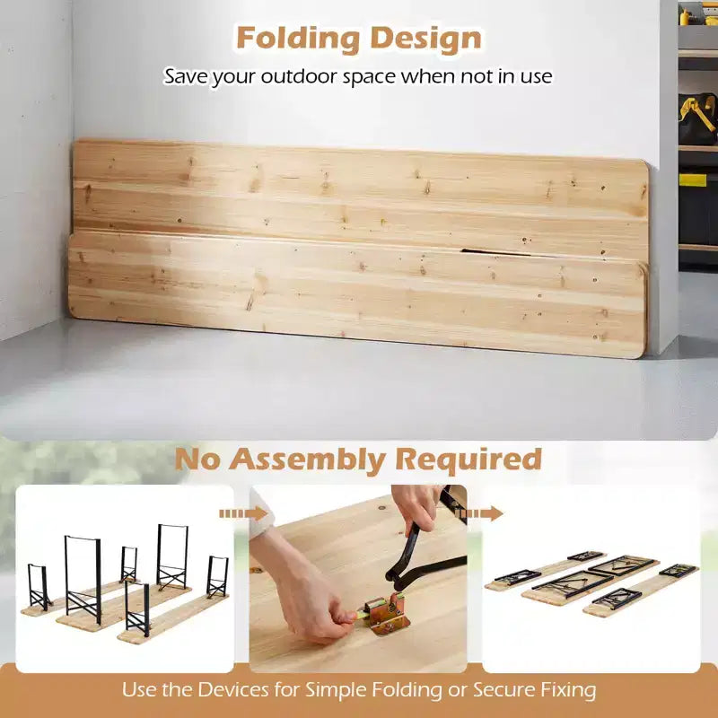 Costway Tavolo da Picnic Pieghevole a 3 Pezzi con Panche per 6 Persone, Legno di Abete e Telaio in Metallo per Patio