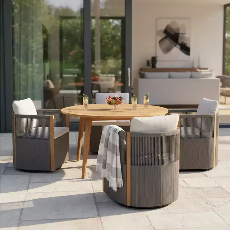 Christopher Knight Home Oliver, set da pranzo girevole da esterno per patio, 5 pezzi in legno di acacia e corda con cuscini, tavolo e 4 sedie