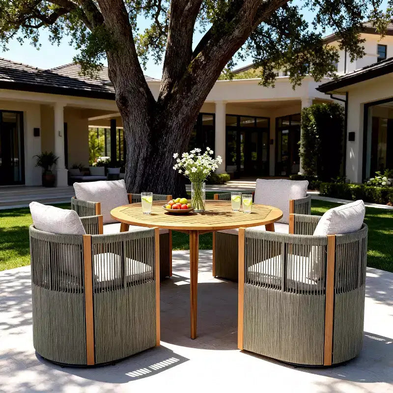 Christopher Knight Home Oliver, set da pranzo girevole da esterno per patio, 5 pezzi in legno di acacia e corda con cuscini, tavolo e 4 sedie