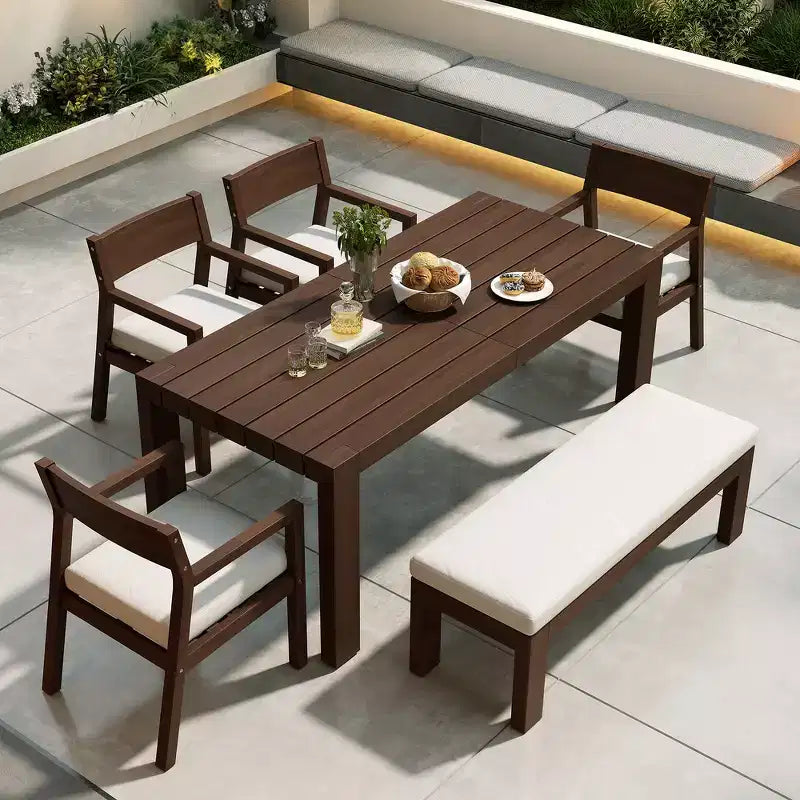 Set da pranzo Whisen per 6 persone, set di mobili da esterno con foro per ombrellone, tavolo, sedie e panca