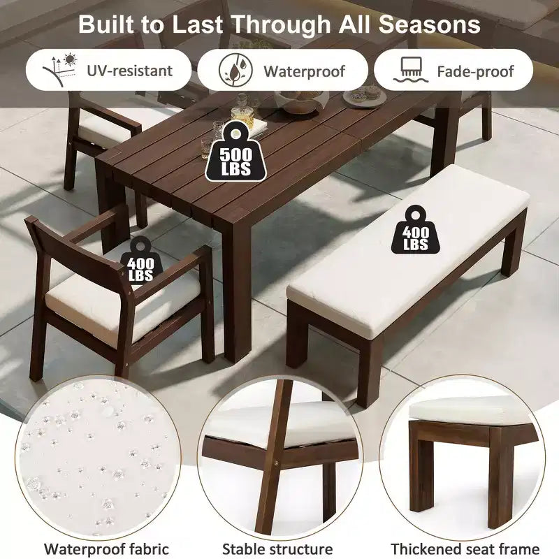 Set da pranzo Whisen per 6 persone, set di mobili da esterno con foro per ombrellone, tavolo, sedie e panca