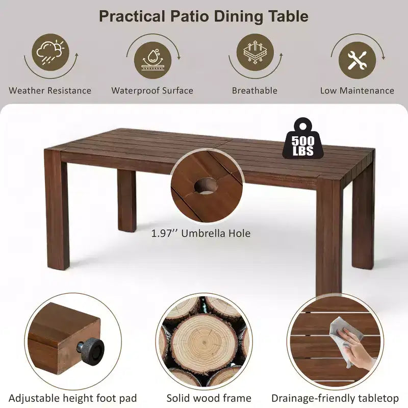 Set da pranzo Whisen per 6 persone, set di mobili da esterno con foro per ombrellone, tavolo, sedie e panca