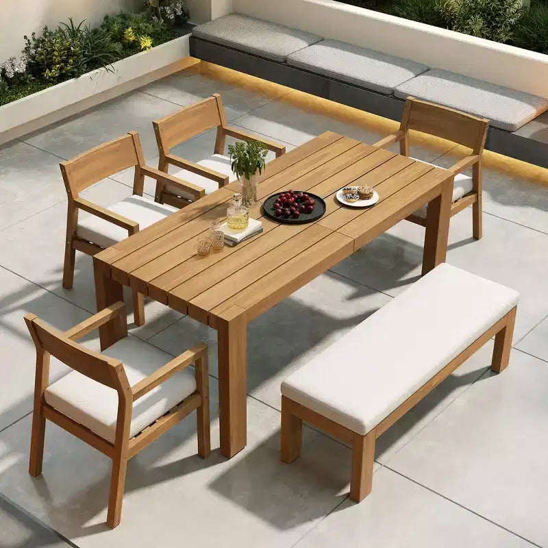 Set da pranzo Whisen per 6 persone, set di mobili da esterno con foro per ombrellone, tavolo, sedie e panca
