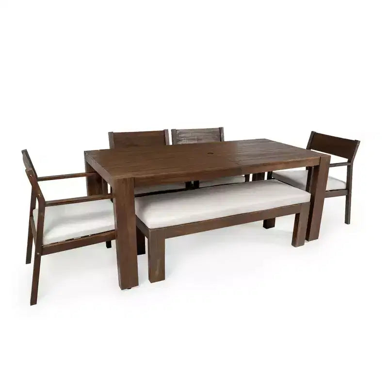 Set da pranzo Whisen per 6 persone, set di mobili da esterno con foro per ombrellone, tavolo, sedie e panca