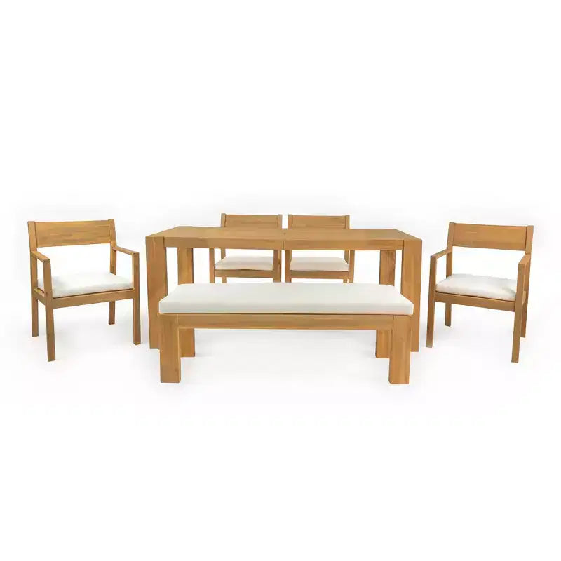 Set da pranzo Whisen per 6 persone, set di mobili da esterno con foro per ombrellone, tavolo, sedie e panca