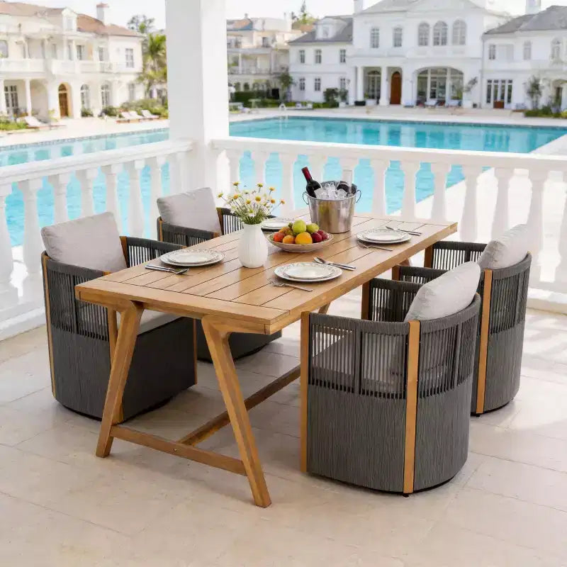 Christopher Knight Home Carter Set da Pranzo da Esterno Moderno in Legno di Acacia, 5 Pezzi, con Tavolo Rettangolare e 4 Sedie Girevoli in Corda