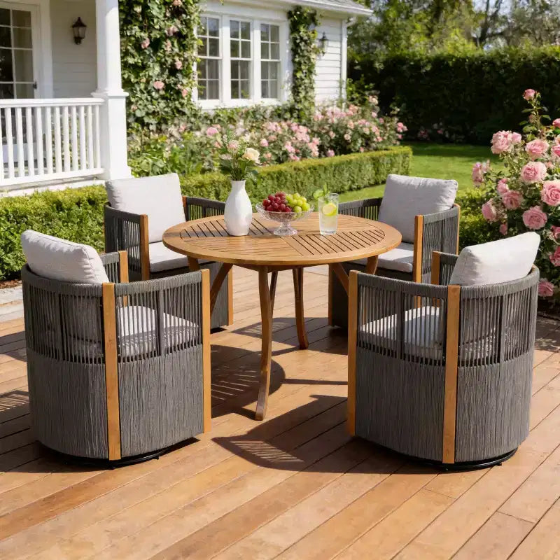 Christopher Knight Home Everett Set da pranzo moderno per patio da 5 pezzi in legno di acacia con tavolo rotondo e 4 sedie girevoli in corda