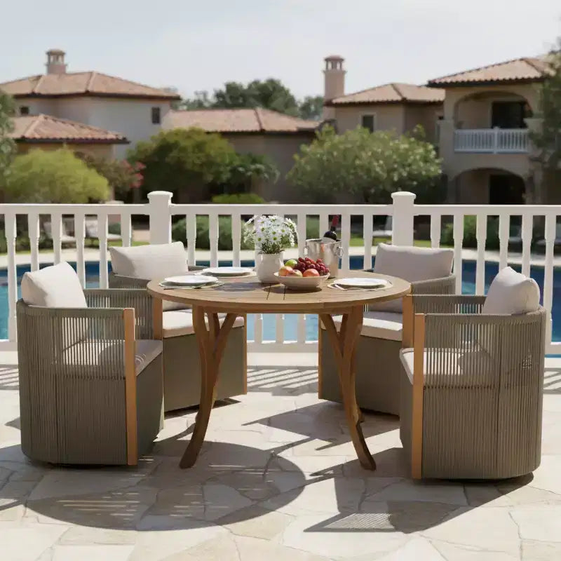 Christopher Knight Home Everett Set da pranzo moderno per patio da 5 pezzi in legno di acacia con tavolo rotondo e 4 sedie girevoli in corda