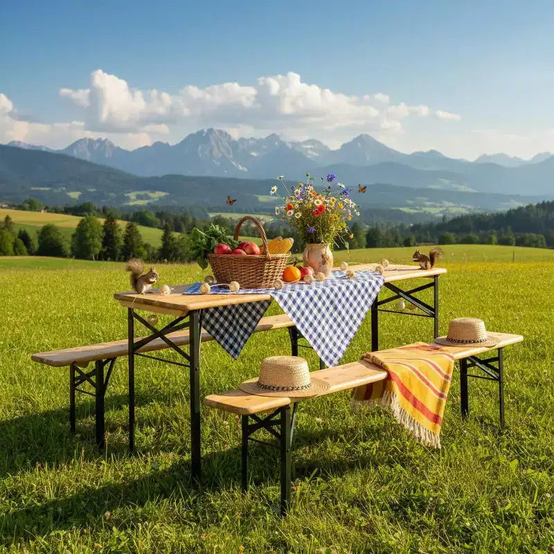 Gymax Set 3 Pezzi Pieghevole in Legno per Tavolo da Picnic e Panche, Tavolo da Birra per Esterno 70 con Sedile per Giardino Cortile Balcone