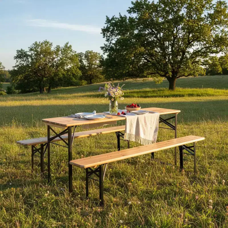 Gymax Set 3 Pezzi Pieghevole in Legno per Tavolo da Picnic e Panche, Tavolo da Birra per Esterno 70 con Sedile per Giardino Cortile Balcone